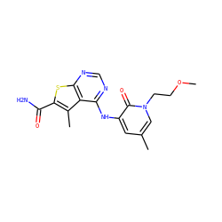 COCCn1cc(C)cc(Nc2ncnc3sc(C(N)=O)c(C)c23)c1=O ZINC000299863664