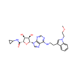 COCCn1cc(CCNc2ncnc3c2ncn3[C@@H]2O[C@H](C(=O)NC3CC3)[C@@H](O)[C@H]2O)c2ccccc21 ZINC000012405741
