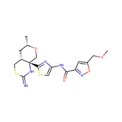 COCc1cc(C(=O)Nc2csc([C@]34CO[C@@H](C)C[C@H]3CSC(=N)N4)n2)no1 ZINC001772602048