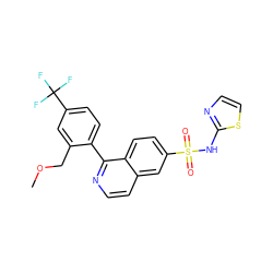 COCc1cc(C(F)(F)F)ccc1-c1nccc2cc(S(=O)(=O)Nc3nccs3)ccc12 ZINC000225050078