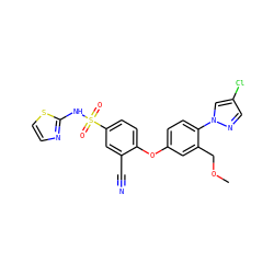 COCc1cc(Oc2ccc(S(=O)(=O)Nc3nccs3)cc2C#N)ccc1-n1cc(Cl)cn1 ZINC000095582036