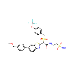 COCc1ccc(-c2ccc3nc([C@@H](C(=O)NCCS(N)(=O)=O)S(=O)(=O)Cc4ccc(OC(F)(F)F)cc4)sc3c2)cc1 ZINC000222077695