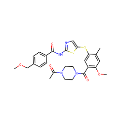 COCc1ccc(C(=O)Nc2ncc(Sc3cc(C(=O)N4CCN(C(C)=O)CC4)c(OC)cc3C)s2)cc1 ZINC000036184886