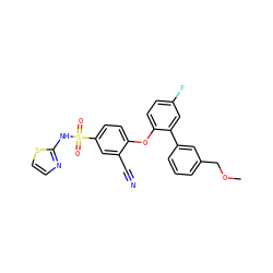 COCc1cccc(-c2cc(F)ccc2Oc2ccc(S(=O)(=O)Nc3nccs3)cc2C#N)c1 ZINC000095585194