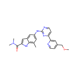 COCc1ccnc(-c2ccnc(Nc3cc(C)c4[nH]c(C(=O)N(C)C)cc4c3)n2)c1 ZINC000144238902