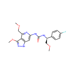 COCc1nc(NC(=O)N[C@H](COC)c2ccc(F)cc2)cc2[nH]nc(OC)c12 ZINC001772611869