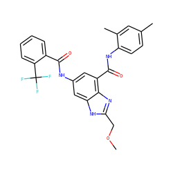 COCc1nc2c(C(=O)Nc3ccc(C)cc3C)cc(NC(=O)c3ccccc3C(F)(F)F)cc2[nH]1 ZINC000205655021