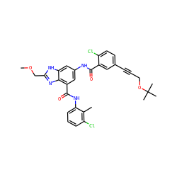 COCc1nc2c(C(=O)Nc3cccc(Cl)c3C)cc(NC(=O)c3cc(C#CCOC(C)(C)C)ccc3Cl)cc2[nH]1 ZINC000205657002