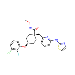 CONC(=O)[C@]1(Cc2cccc(Nc3nccs3)n2)CC[C@@H](Oc2cccc(Cl)c2F)CC1 ZINC001772573340