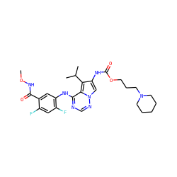 CONC(=O)c1cc(Nc2ncnn3cc(NC(=O)OCCCN4CCCCC4)c(C(C)C)c23)c(F)cc1F ZINC000003938409