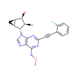 CONc1nc(C#Cc2ccccc2Cl)nc2c1ncn2[C@H]1[C@H](O)[C@H](O)[C@@H]2C[C@@H]21 ZINC000084687361
