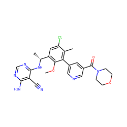 COc1c([C@@H](C)Nc2ncnc(N)c2C#N)cc(Cl)c(C)c1-c1cncc(C(=O)N2CCOCC2)c1 ZINC000146944537