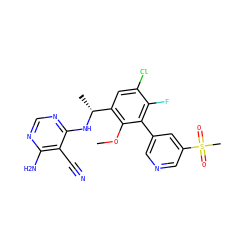 COc1c([C@@H](C)Nc2ncnc(N)c2C#N)cc(Cl)c(F)c1-c1cncc(S(C)(=O)=O)c1 ZINC000146945716