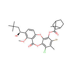 COc1c([C@@H](O)CC(C)(C)C)ccc2c1C(=O)Oc1c(Cl)c(C)c(Br)c(OC(=O)C3(C)C4CCC3CC4)c1O2 ZINC000028468071