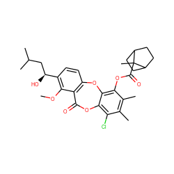 COc1c([C@@H](O)CC(C)C)ccc2c1C(=O)Oc1c(Cl)c(C)c(C)c(OC(=O)C3(C)C4CCC3CC4)c1O2 ZINC000028464161