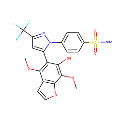 COc1c(-c2cc(C(F)(F)F)nn2-c2ccc(S(N)(=O)=O)cc2)c(O)c(OC)c2occc12 ZINC000103257053