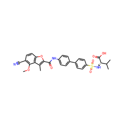 COc1c(C#N)ccc2oc(C(=O)Nc3ccc(-c4ccc(S(=O)(=O)N[C@H](C(=O)O)C(C)C)cc4)cc3)c(C)c12 ZINC000028526008