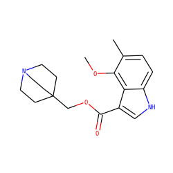 COc1c(C)ccc2[nH]cc(C(=O)OCC34CCN(CC3)CC4)c12 ZINC001772619310
