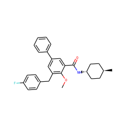 COc1c(Cc2ccc(F)cc2)cc(-c2ccccc2)cc1C(=O)N[C@H]1CC[C@H](C)CC1 ZINC000653847662