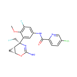 COc1c(F)cc(NC(=O)c2ccc(Cl)cn2)cc1[C@@]1(CF)N=C(N)O[C@@H]2C[C@@H]21 ZINC000226074485