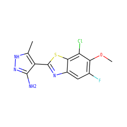 COc1c(F)cc2nc(-c3c(N)n[nH]c3C)sc2c1Cl ZINC000114399430