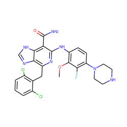 COc1c(Nc2nc(Cc3c(Cl)cccc3Cl)c3nc[nH]c3c2C(N)=O)ccc(N2CCNCC2)c1F ZINC000142326598