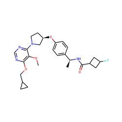 COc1c(OCC2CC2)ncnc1N1CC[C@@H](Oc2ccc([C@H](C)NC(=O)C3CC(F)C3)cc2)C1 ZINC000261134870