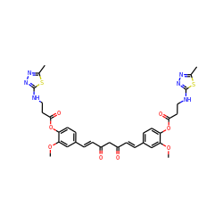 COc1cc(/C=C/C(=O)CC(=O)/C=C/c2ccc(OC(=O)CCNc3nnc(C)s3)c(OC)c2)ccc1OC(=O)CCNc1nnc(C)s1 ZINC000150609499