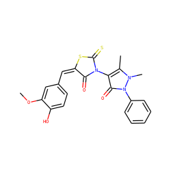 COc1cc(/C=C2/SC(=S)N(c3c(C)n(C)n(-c4ccccc4)c3=O)C2=O)ccc1O ZINC000011617263