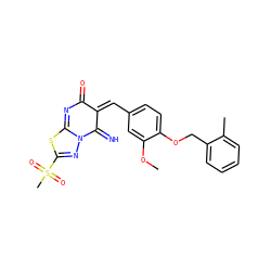 COc1cc(/C=C2\C(=N)N3N=C(S(C)(=O)=O)SC3=NC2=O)ccc1OCc1ccccc1C ZINC000020207772