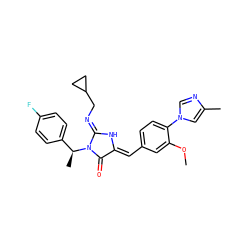 COc1cc(/C=C2\N/C(=N\CC3CC3)N([C@@H](C)c3ccc(F)cc3)C2=O)ccc1-n1cnc(C)c1 ZINC000058591876