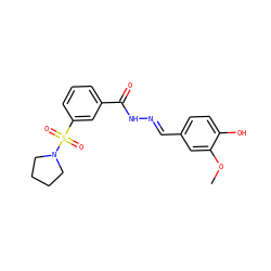 COc1cc(/C=N/NC(=O)c2cccc(S(=O)(=O)N3CCCC3)c2)ccc1O ZINC000003470092
