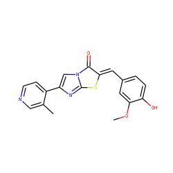 COc1cc(/C=c2\sc3nc(-c4ccncc4C)cn3c2=O)ccc1O ZINC000169353882