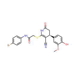 COc1cc([C@@H]2CC(=O)NC(SCC(=O)Nc3ccc(Br)cc3)=C2C#N)ccc1O ZINC000009011967