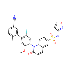 COc1cc(-c2cc(C#N)ccc2C)c(F)cc1-n1c(=O)ccc2cc(S(=O)(=O)Nc3ccon3)ccc21 ZINC001772641526