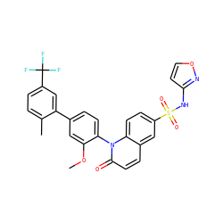COc1cc(-c2cc(C(F)(F)F)ccc2C)ccc1-n1c(=O)ccc2cc(S(=O)(=O)Nc3ccon3)ccc21 ZINC001772598084