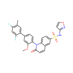 COc1cc(-c2cc(C)c(F)cc2F)ccc1-n1c(=O)ccc2cc(S(=O)(=O)Nc3ccon3)ccc21 ZINC001772651927