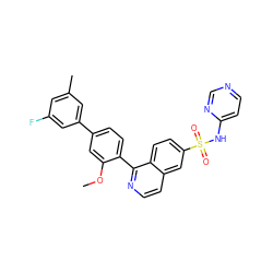 COc1cc(-c2cc(C)cc(F)c2)ccc1-c1nccc2cc(S(=O)(=O)Nc3ccncn3)ccc12 ZINC000225121119