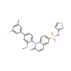 COc1cc(-c2cc(C)cc(F)c2)ccc1-n1c(=O)ccc2cc(S(=O)(=O)Nc3ccon3)ccc21 ZINC001772653242