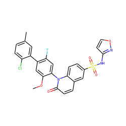 COc1cc(-c2cc(C)ccc2Cl)c(F)cc1-n1c(=O)ccc2cc(S(=O)(=O)Nc3ccon3)ccc21 ZINC001772585078