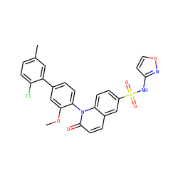 COc1cc(-c2cc(C)ccc2Cl)ccc1-n1c(=O)ccc2cc(S(=O)(=O)Nc3ccon3)ccc21 ZINC001772642273