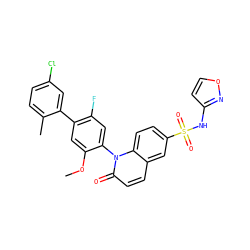 COc1cc(-c2cc(Cl)ccc2C)c(F)cc1-n1c(=O)ccc2cc(S(=O)(=O)Nc3ccon3)ccc21 ZINC001772638973