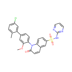COc1cc(-c2cc(Cl)ccc2C)ccc1-n1c(=O)ccc2cc(S(=O)(=O)Nc3ncccn3)ccc21 ZINC001772603502
