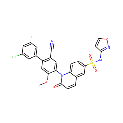 COc1cc(-c2cc(F)cc(Cl)c2)c(C#N)cc1-n1c(=O)ccc2cc(S(=O)(=O)Nc3ccon3)ccc21 ZINC001772624778