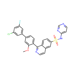 COc1cc(-c2cc(F)cc(Cl)c2)ccc1-c1nccc2cc(S(=O)(=O)Nc3ccncn3)ccc12 ZINC000225092851