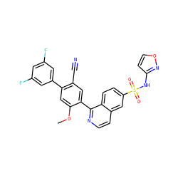 COc1cc(-c2cc(F)cc(F)c2)c(C#N)cc1-c1nccc2cc(S(=O)(=O)Nc3ccon3)ccc12 ZINC000225110828