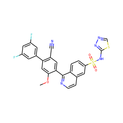 COc1cc(-c2cc(F)cc(F)c2)c(C#N)cc1-c1nccc2cc(S(=O)(=O)Nc3nncs3)ccc12 ZINC000225086230