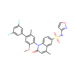COc1cc(-c2cc(F)cc(F)c2)c(C)cc1-n1c(=O)cc(C)c2cc(S(=O)(=O)Nc3ccon3)ccc21 ZINC001772636016