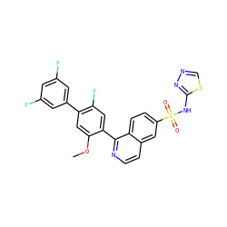 COc1cc(-c2cc(F)cc(F)c2)c(F)cc1-c1nccc2cc(S(=O)(=O)Nc3nncs3)ccc12 ZINC000215513981