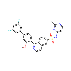 COc1cc(-c2cc(F)cc(F)c2)ccc1-c1nccc2cc(S(=O)(=O)Nc3ccnc(C)n3)ccc12 ZINC000215514551
